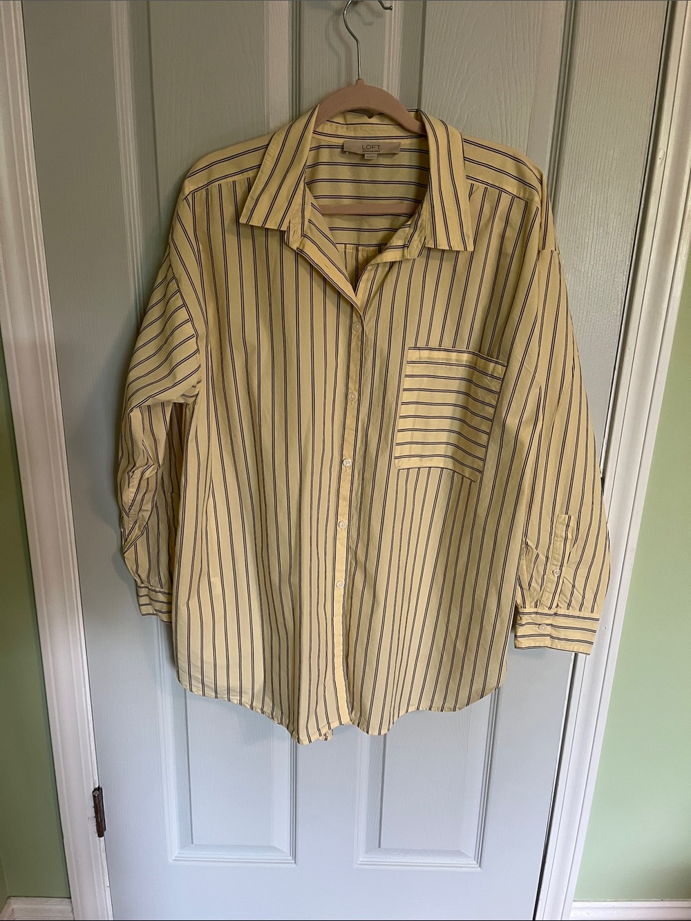 LOFT Yellow Button-Down Shirt with Dark Gray Stripes